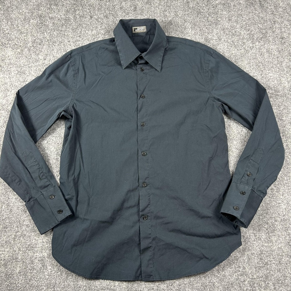 Gianni Versace Dress Shirt Mens 48 Blue Long Sleeve Point Collar Made In Italy
